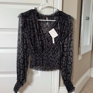 Free People Gray and Black Smocked Ruffled Blouse